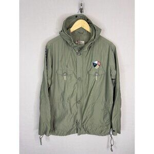 Diesel Industry Mens Olive Green Hooded Utility Jacket Graphic Sleeve Size M